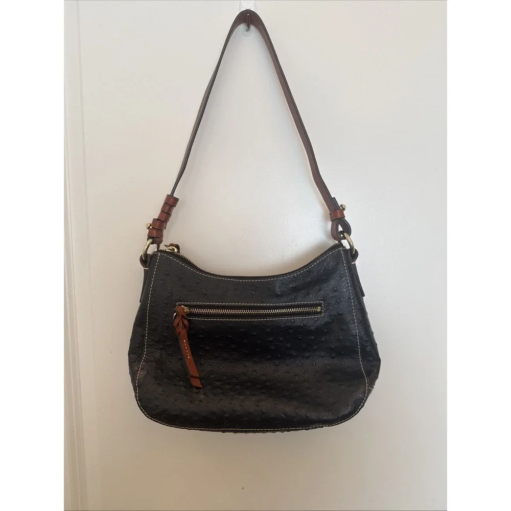 Dooney & Bourke Black Ostrich Embossed Leather Hobo Shoulder Bag Red Lining